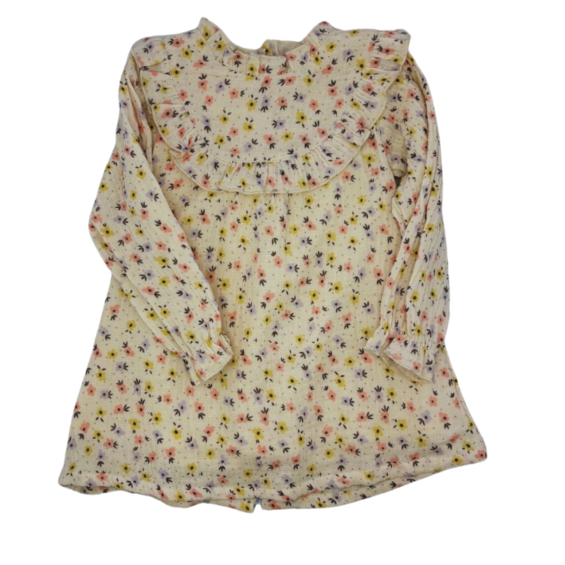Embroidered baby clothes. Floral gauze dress with ruffles.