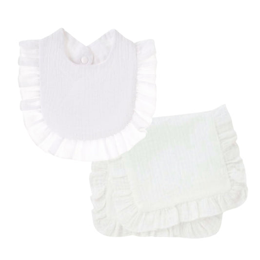 Zsa Zsa and Lolli White Muslin Ruffle Burp Cloth and Bib