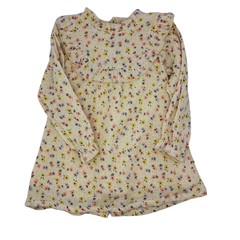 Embroidered baby clothes. Floral gauze dress with ruffles. 